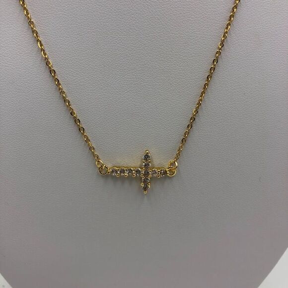 18K Gold Plated Women's Side Cross Cubic Zirconia Necklace Waterproof Jewelry - Picture 6 of 10